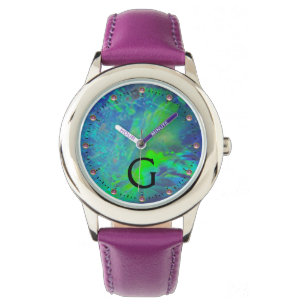 ABSTRACT BLUE GREEN OPAL PHOTO MONOGRAM WATCH
