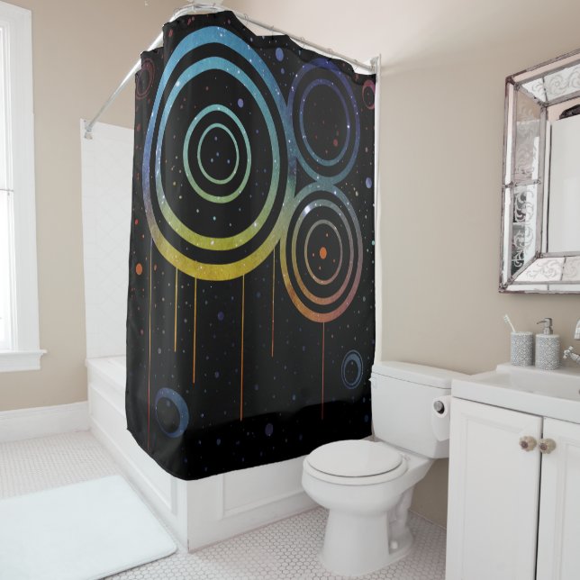 Abstract Blue, Green & Orange Space Circles Design Shower Curtain (In Situ)
