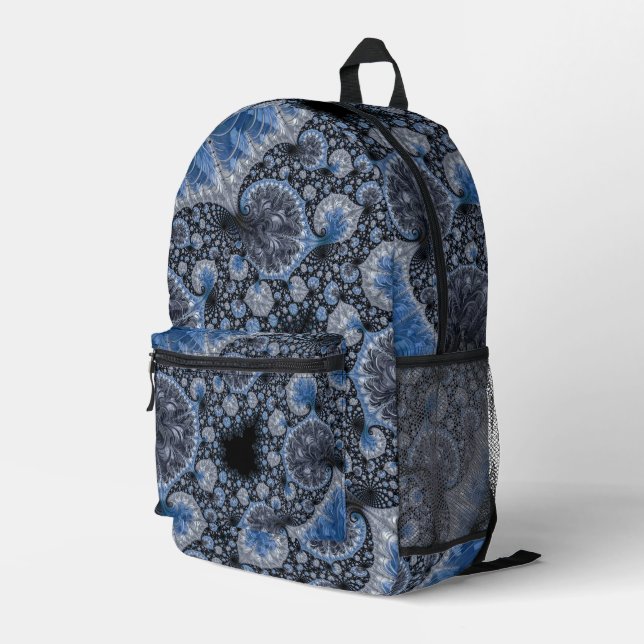 Abstract Blue Grey Black Fractal Printed Backpack (Back Corner Right)