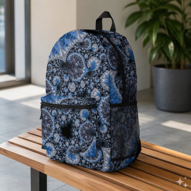 Abstract Blue Grey Black Fractal Printed Backpack (Creator Uploaded)