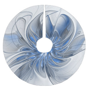 Abstract Blue Grey Watercolor Fractal Art Flower Brushed Polyester Tree Skirt