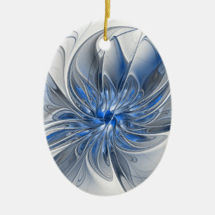Abstract Blue Grey Watercolor Fractal Art Flower Ceramic Tree Decoration
