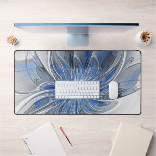 Abstract Blue Grey Watercolor Fractal Art Flower Desk Mat