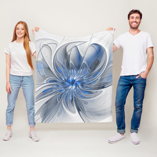 Abstract Blue Grey Watercolor Fractal Art Flower Fleece Blanket (In Situ)