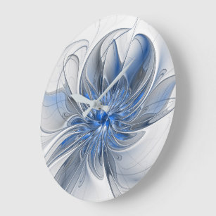Abstract Blue Grey Watercolor Fractal Art Flower Large Clock