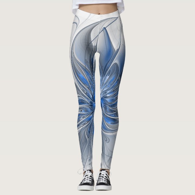 Abstract Blue Grey Watercolor Fractal Art Flower Leggings (Front)
