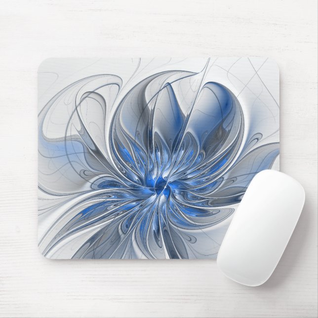 Abstract Blue Grey Watercolor Fractal Art Flower Mouse Pad (With Mouse)