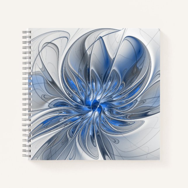 Abstract Blue Grey Watercolor Fractal Art Flower Notebook (Front)