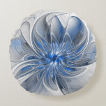 Abstract Blue Grey Watercolor Fractal Art Flower Round Cushion<br><div class="desc">A unique fantasy flower with shades of blue and grey,  abstract and elegant.
Unusual design for your decorative floral round pillow and more.</div>