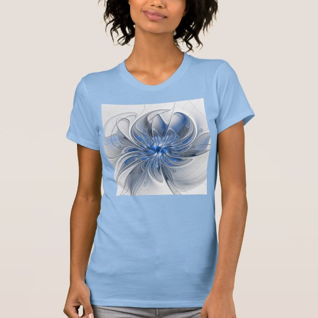 Abstract Blue Grey Watercolor Fractal Art Flower T-Shirt (Front)