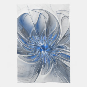 Abstract Blue Grey Watercolor Fractal Art Flower Tea Towel