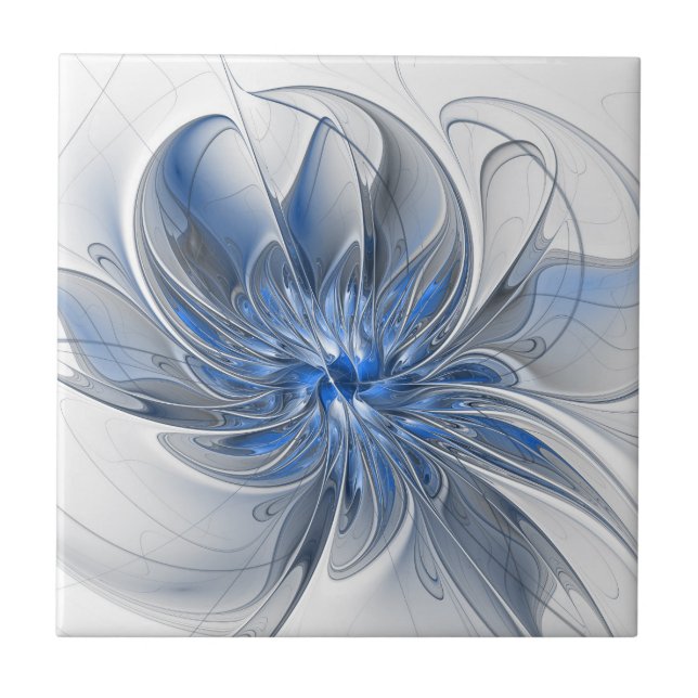Abstract Blue Grey Watercolor Fractal Art Flower Tile (Front)