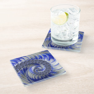 Abstract Blue Grey White Spiral Fractal Glass Coaster