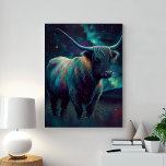 Abstract Blue Highland Cow In A Pasture At Night  Canvas Print<br><div class="desc">Abstract Blue Highland Cow In A Pasture At Night Colorful Canvas Print. Beautiful modern cow in a rural pasture at night surrounded by stars.</div>