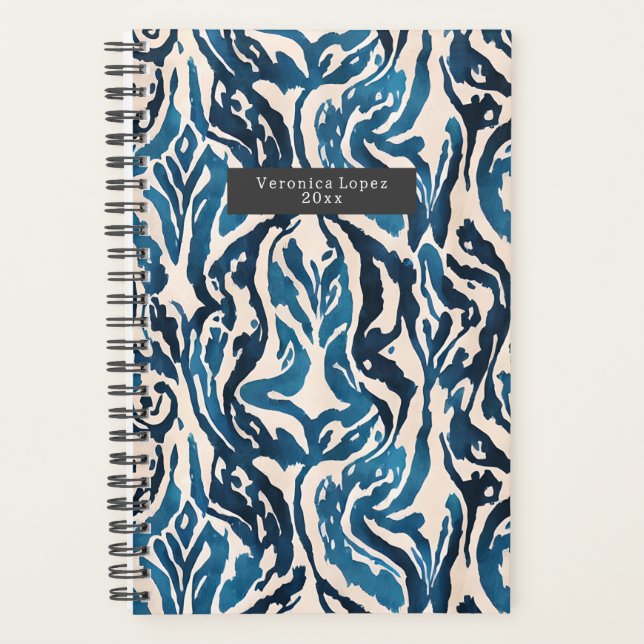 Abstract Blue Ikat Watercolor Pattern Planner (Front)