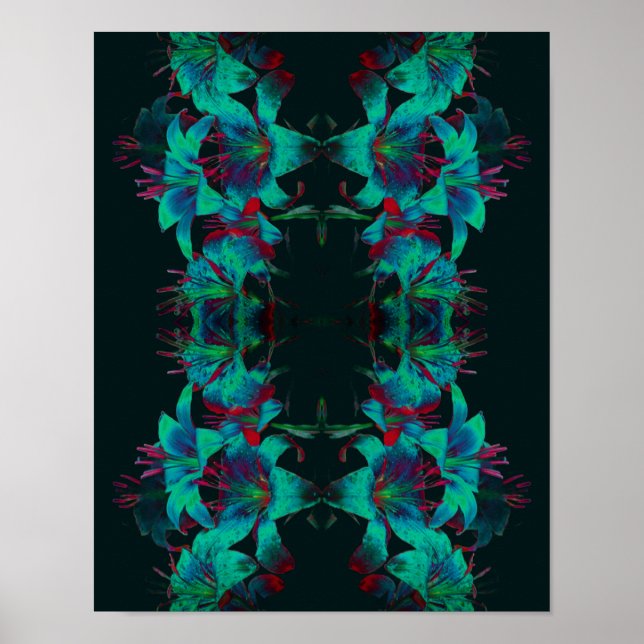 Abstract Blue Lily Flowers Raindrops Poster (Front)