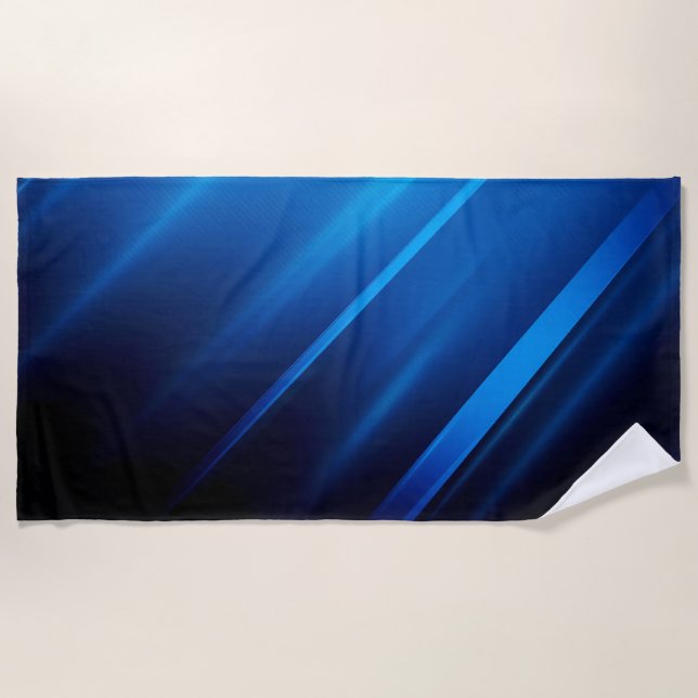 Abstract Blue Lines on Black Beach Towel (Front)