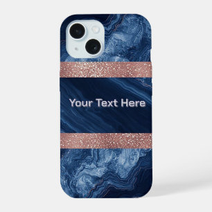 Abstract Blue Marble Art with Gold Glitter Accents iPhone 15 Case