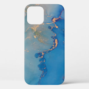 Abstract blue marble with glitter gold iPhone 12 case