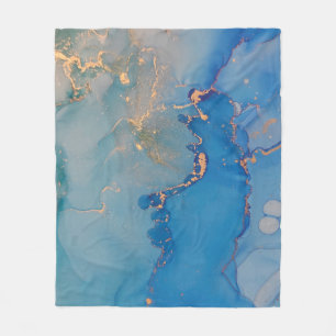 Abstract blue marble with glitter gold fleece blanket