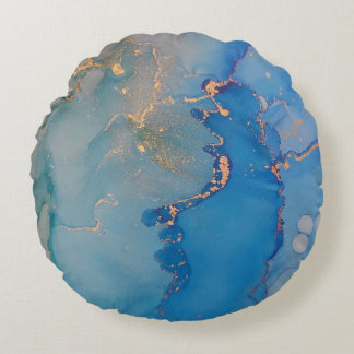 Abstract blue marble with glitter gold round cushion