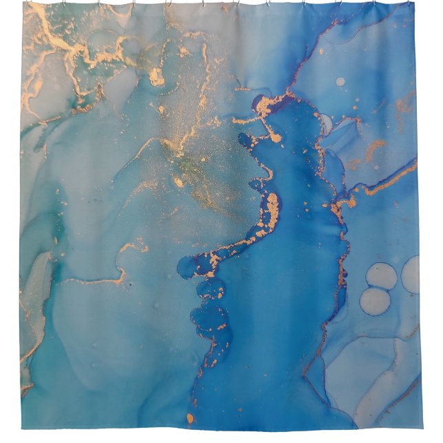 Abstract blue marble with glitter gold shower curtain (Front)