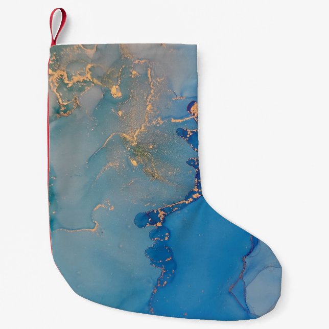 Abstract blue marble with glitter gold small christmas stocking (Front)