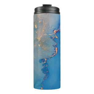 Abstract blue marble with glitter gold thermal tumbler