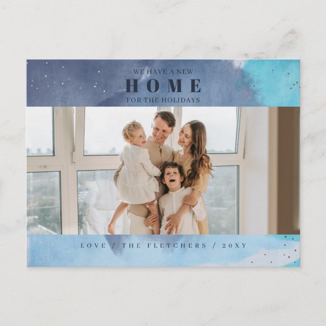 Abstract Blue New Home for Holidays Photo Moving Postcard (Front)
