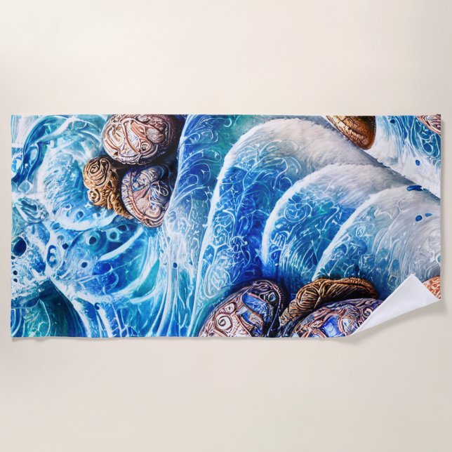 Abstract Blue Ocean Wave Marble Agate Gold Art Beach Towel (Front)