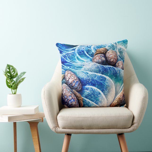 Abstract Blue Ocean Wave Marble Agate Gold Art Cushion (Chair)
