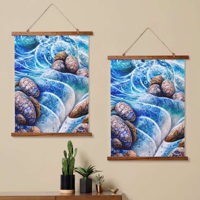 Abstract Blue Ocean Wave Marble Agate Gold Art Hanging Tapestry (Asymmetrical)