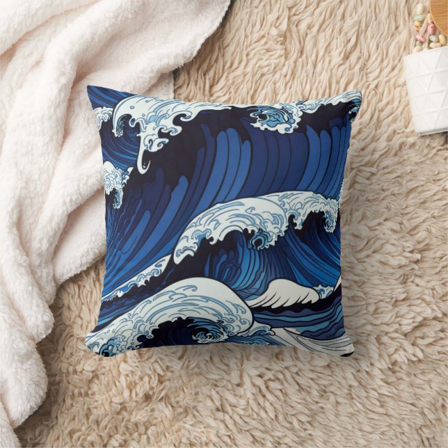 Abstract Blue Ocean Waves Japanese Style Artwork | Cushion (Blanket)