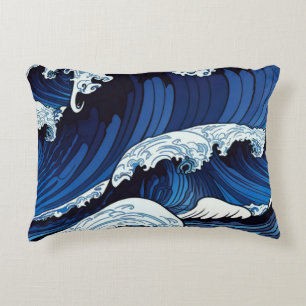 Abstract Blue Ocean Waves Japanese Style Artwork   Decorative Cushion