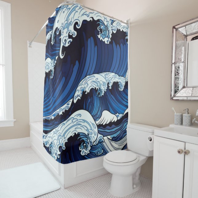 Abstract Blue Ocean Waves Japanese Style Artwork | Shower Curtain (In Situ)