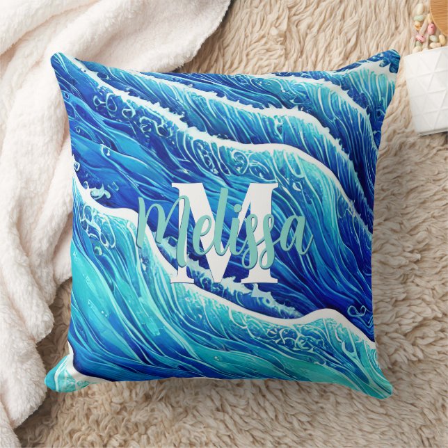Abstract Blue Ocean Waves Monogrammed Cushion (Blanket)