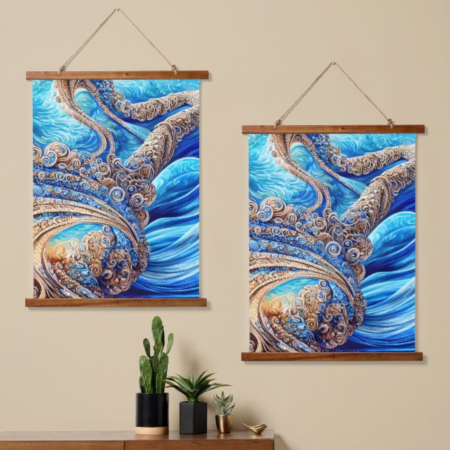 Abstract Blue Ocean Waves Ornate Surrealism Art Hanging Tapestry (Asymmetrical)