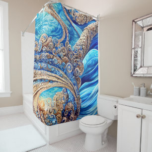 Abstract Blue Ocean Waves Ornate Surrealism Art Shower Curtain