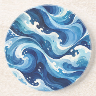 Abstract Blue Ocean Waves Watercolor Coastal Throw Coaster