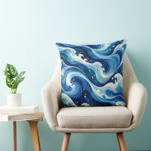 Abstract Blue Ocean Waves Watercolor Coastal Throw Cushion