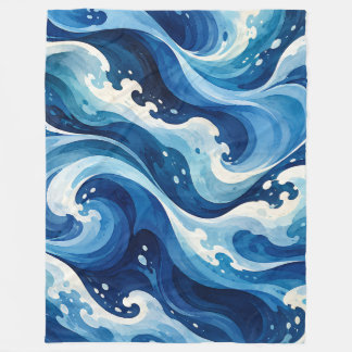 Abstract Blue Ocean Waves Watercolor Coastal Throw Fleece Blanket
