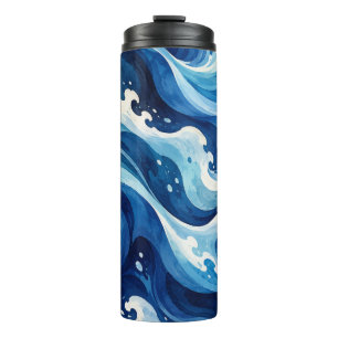 Abstract Blue Ocean Waves Watercolor Coastal Throw Thermal Tumbler