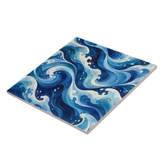 Abstract Blue Ocean Waves Watercolor Coastal Throw Tile