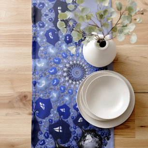 Abstract Blue Ombre Fractal Bubbles Short Table Runner