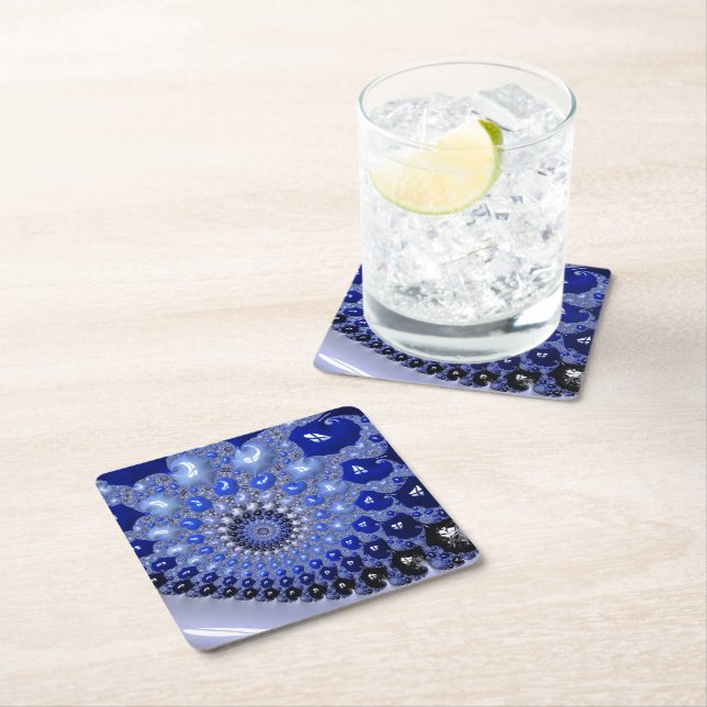 Abstract Blue Ombre Fractal Bubbles Square Paper Coaster (Insitu)