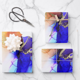 Abstract Blue Orange Gold Alcohol Ink Wrapping Paper Sheet