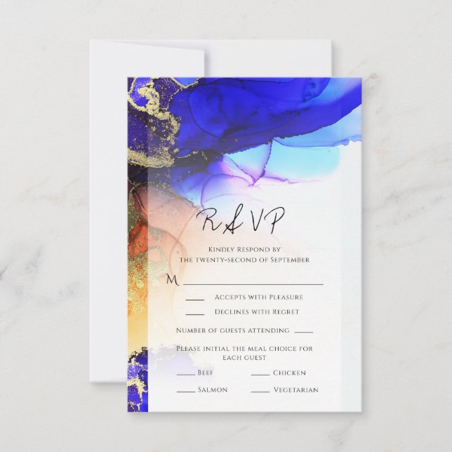 Abstract Blue Orange Gold Wedding RSVP Card (Front)