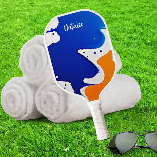 Abstract Blue & Orange Paint Splatter Monogram Pickleball Paddle