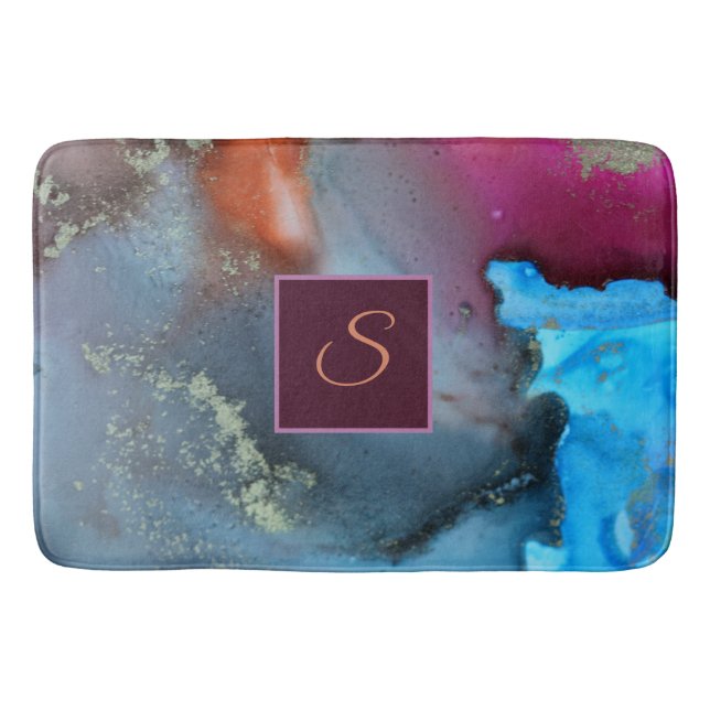 Abstract Blue Orange Red Waves Monogram Bath Mat (Front)