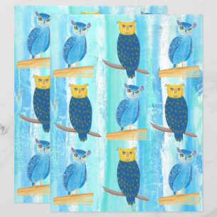 Abstract Blue Owls Turquoise Trees Scrapbook Paper